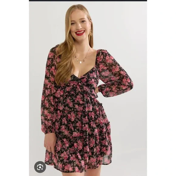 NWT Francesca's Sz L Pink Floral Babydoll Balloon Sleeve Tiered Mini Dress - Picture 2 of 11